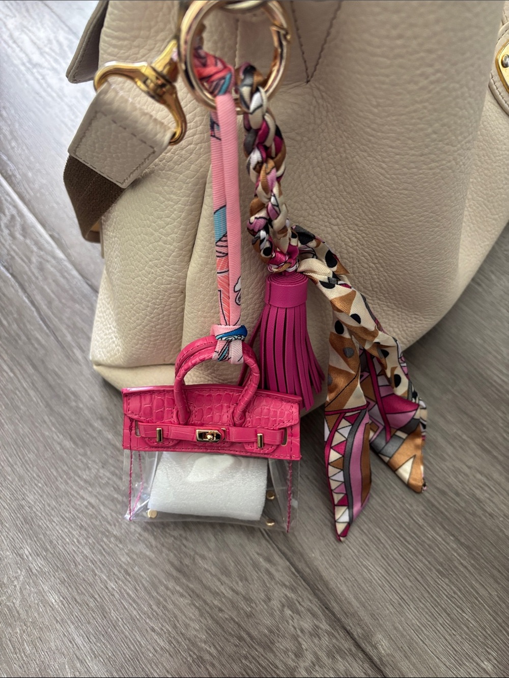 Hot Pink & Clear Mini Bag Charm, Key Remote Holder & Keychain w/ Scarf - Picture 3 of 4